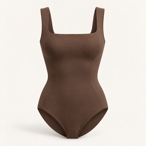 Kakao renkli kare yakalı şekillendirici bodysuit